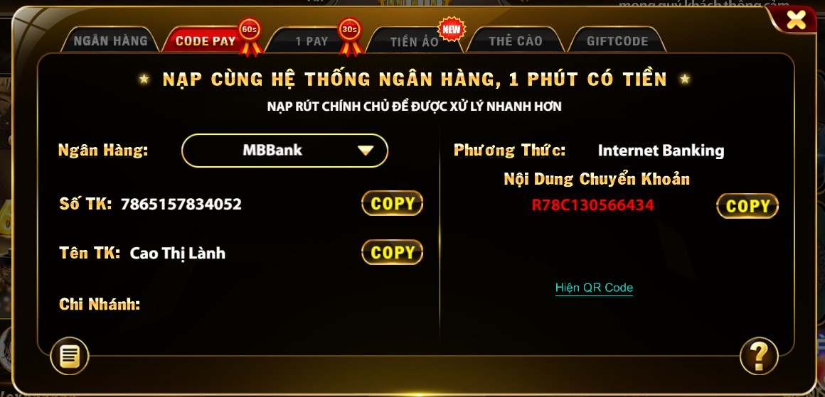 Yo88 nạp tiền bằng Code pay