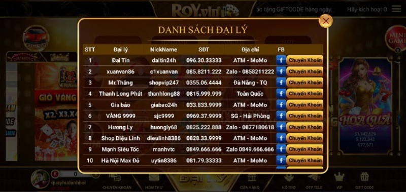 Các đại lý nạp rút tiền 