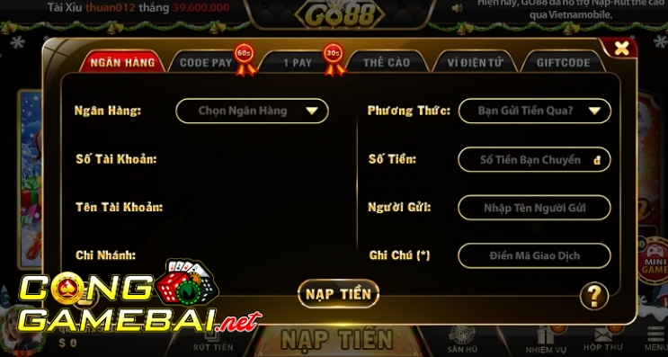 Nạp tiền thông qua tài khoản ngân hàng